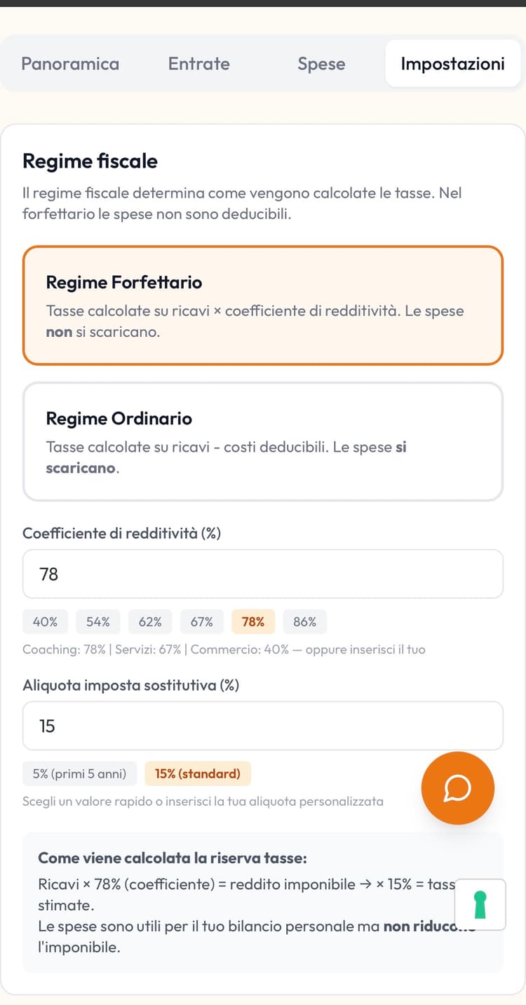 Impostazioni regime fiscale